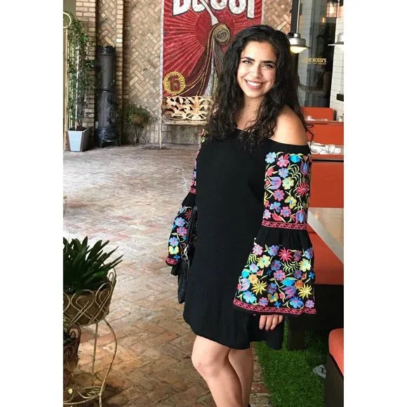 Velzera Dresses | Velzera Floral Embroidered Off The Shoulder Dress, Black | Color: Black/Pink | Size: S | Shopvioletskye's Closet